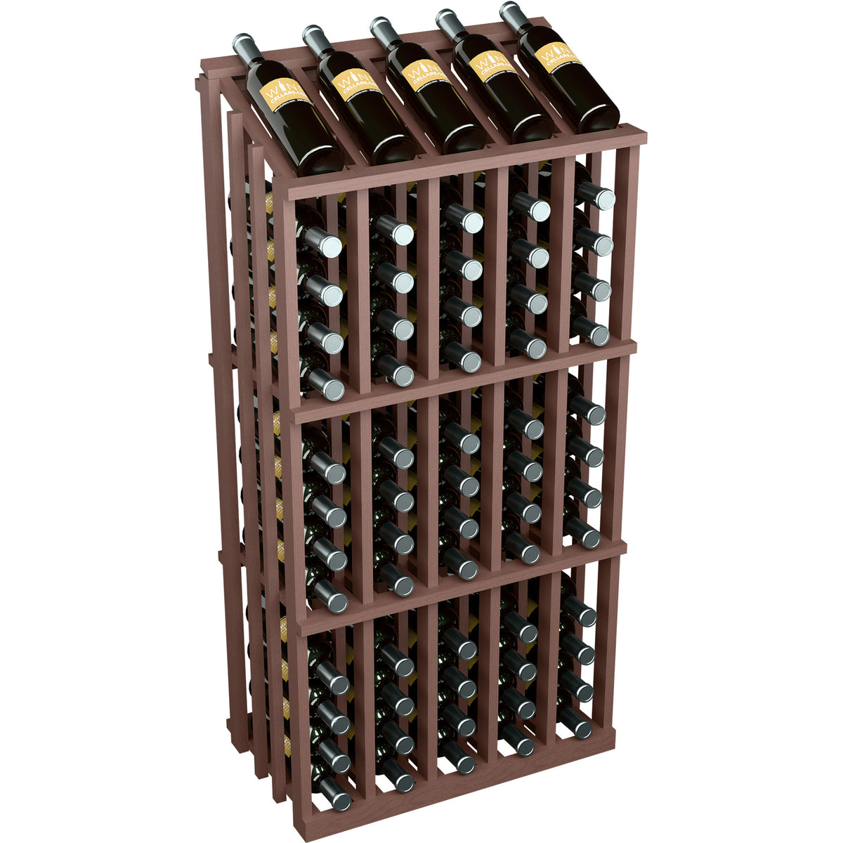 Dark-stained wood wine bottle display rack holding 65 bottles, three-quarter front view with rows.