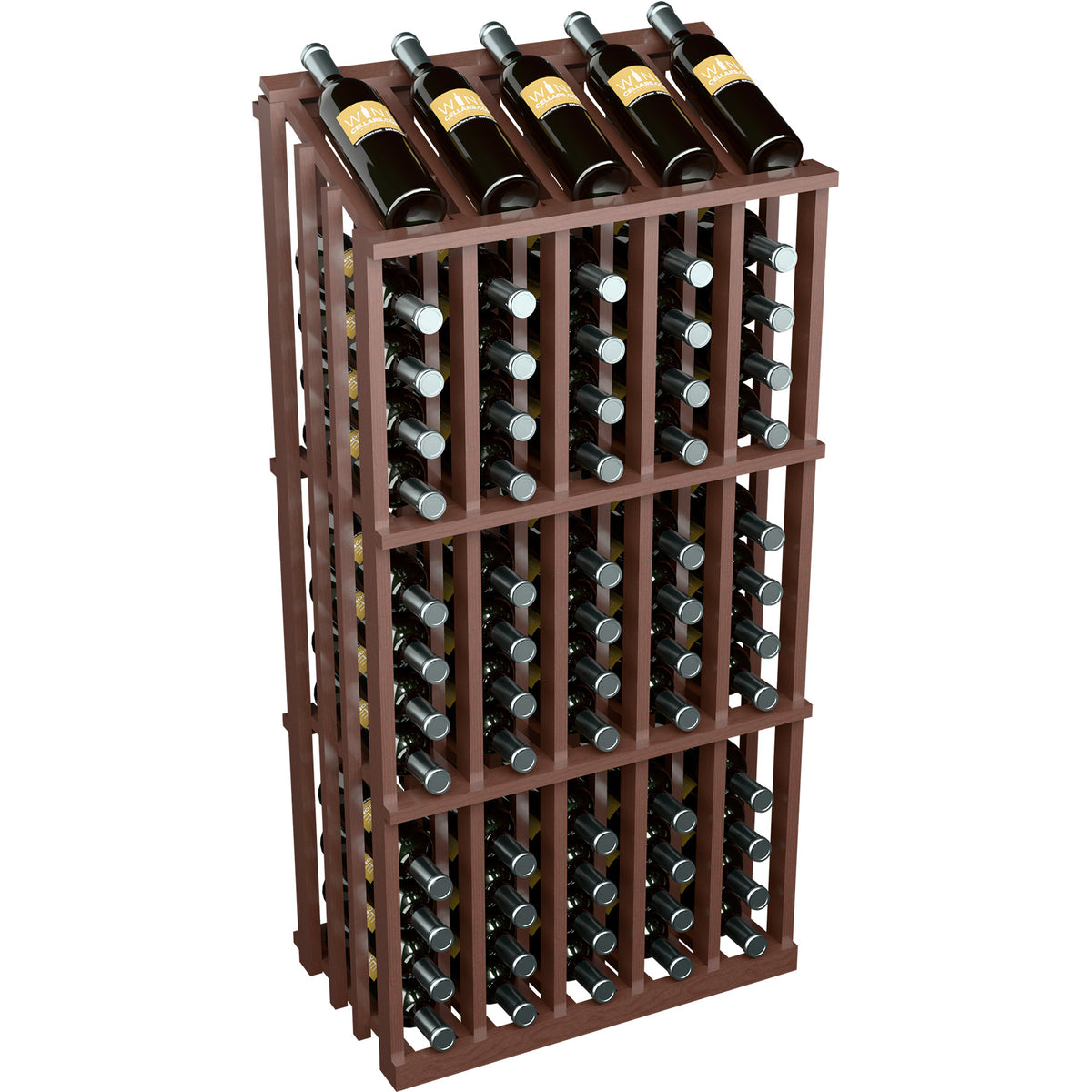 65-bottle wine display with dark brown wood frame and front bottle holders