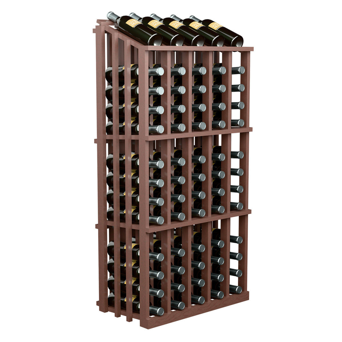 65-bottle wine display with dark brown wood frame and bottle slot grid