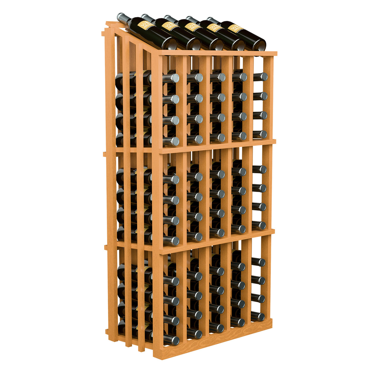 65-bottle wine display with warm light wood frame and front bottle slot grid