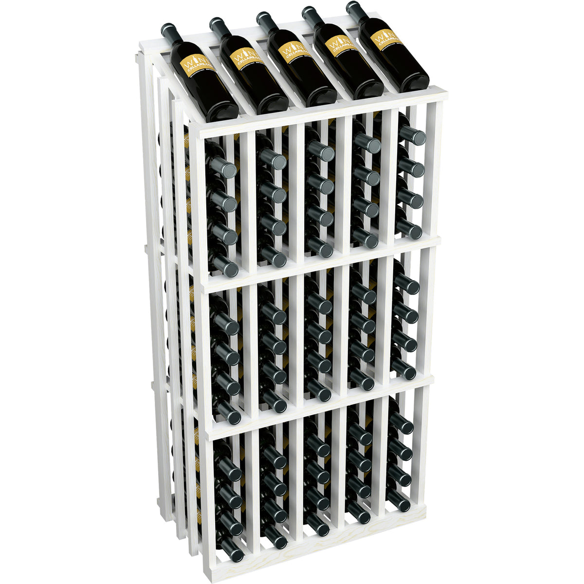 65-bottle wine display with white-painted wood frame and front bottle holders