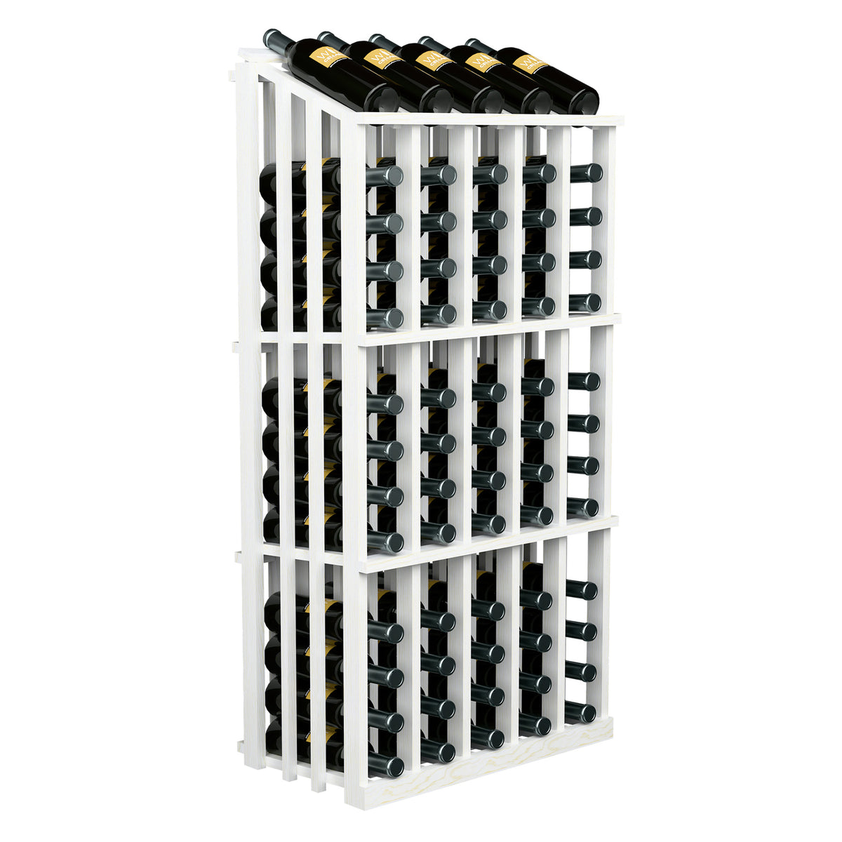 65-bottle wine display with white wood frame and bottle slot grid on front