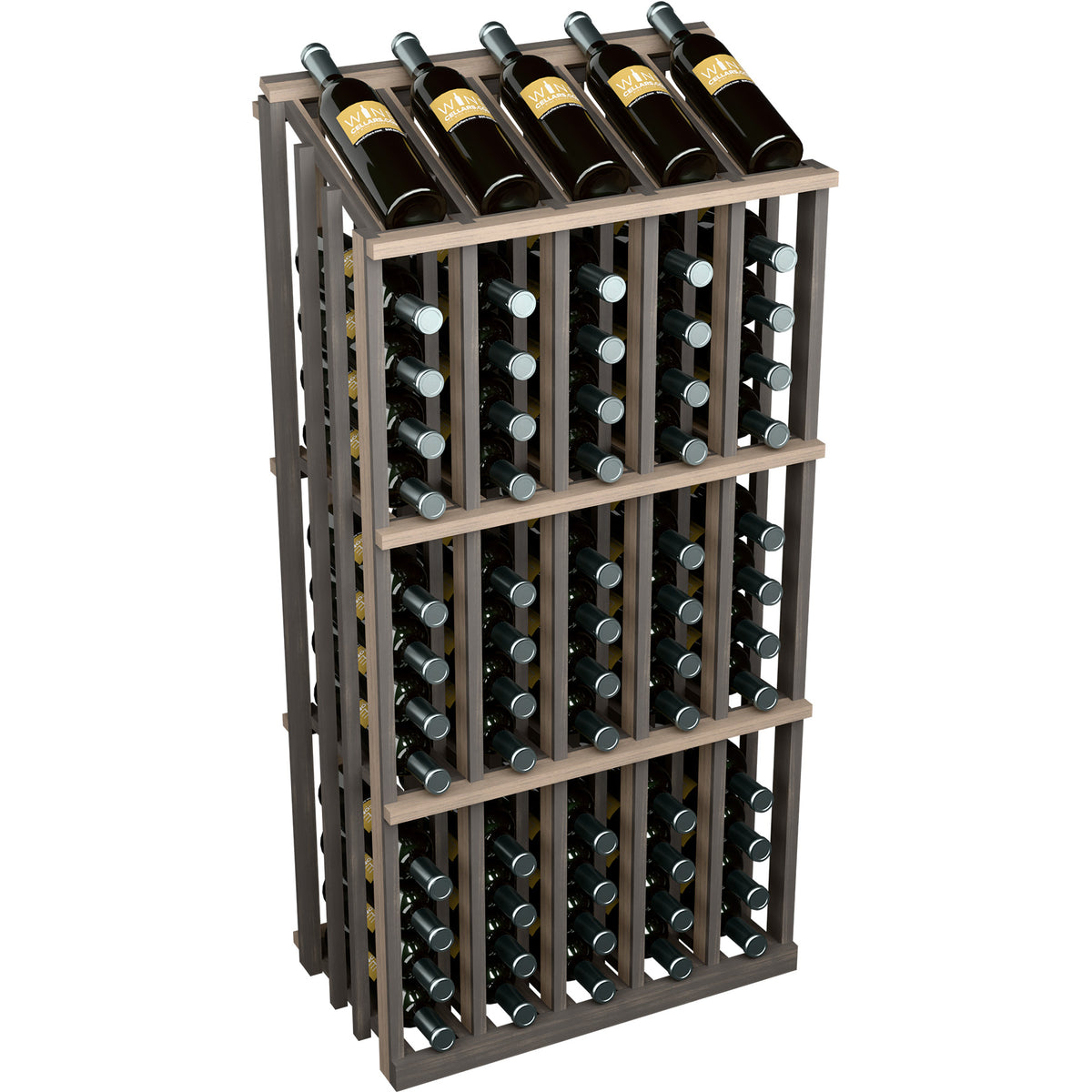 Dark wood wine bottle display rack with rows of circular bottle holders and capped bottles