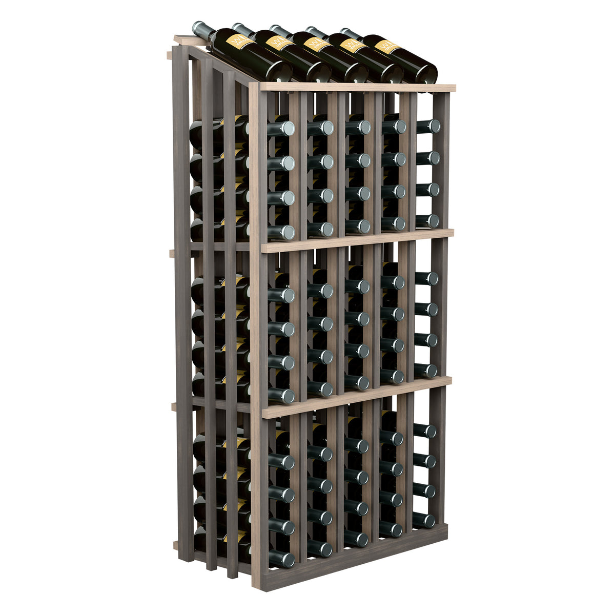 Wine bottle display rack with gray frame holding bottles in evenly spaced vertical openings