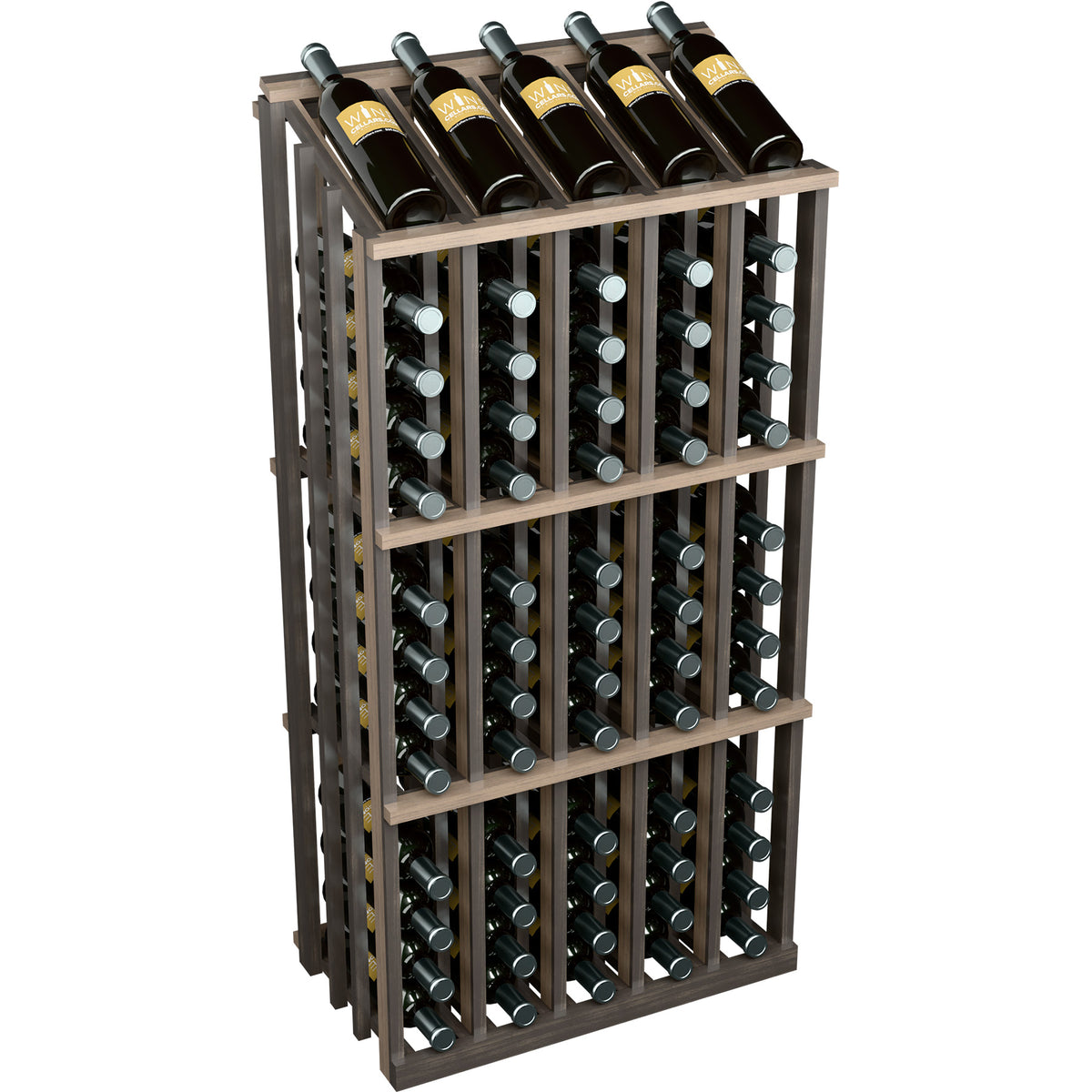 Wine bottle display rack with dark wood frame and 65 bottle slots