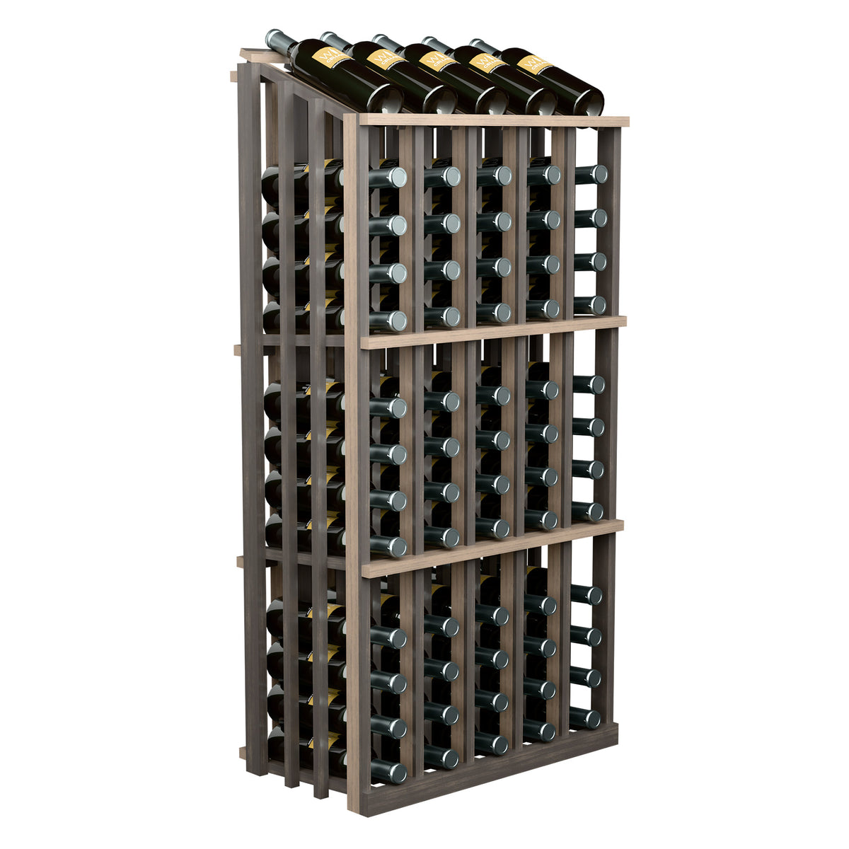 Wine bottle display rack with light gray wood frame and 65 bottle slots