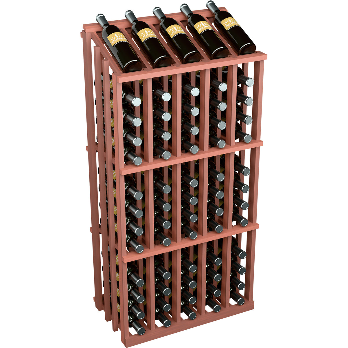 65-bottle wood wine rack with deep red-brown frame and bottle slots, front view.
