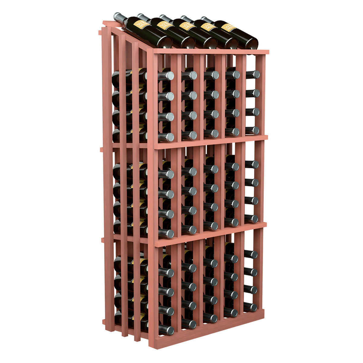 Single-sided wine bottle display rack with 65 slots, reddish-brown wood frame and bottle holders