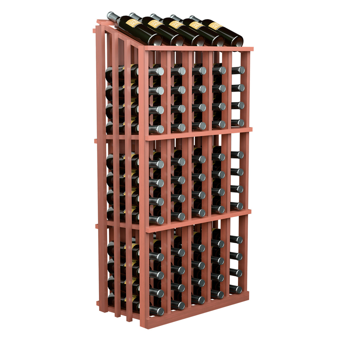 Wine bottle display rack with pink wood frame and 65 bottle slots