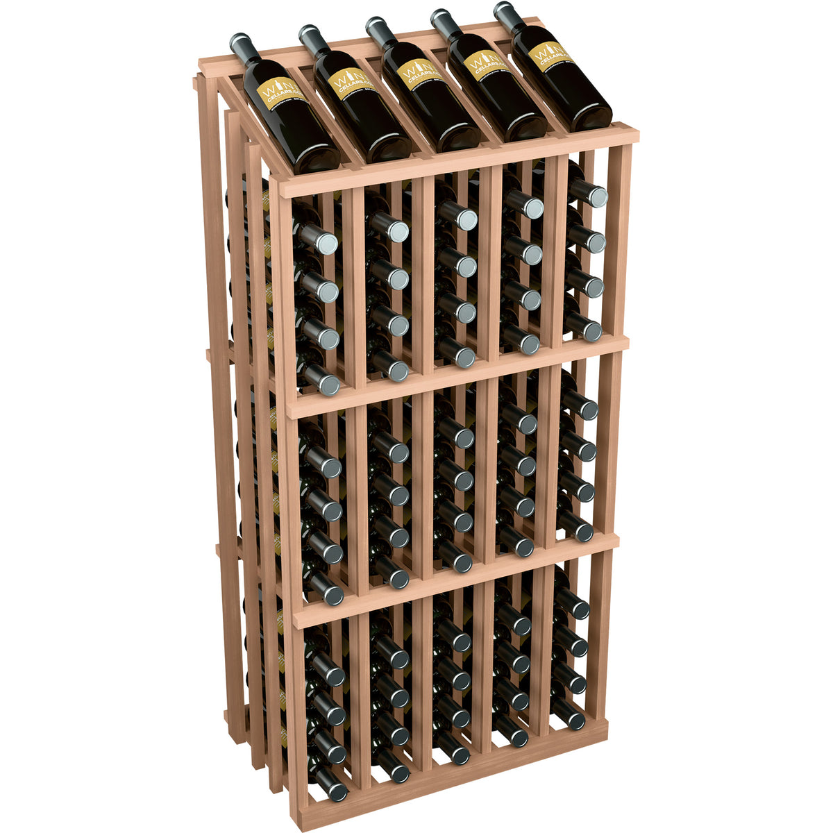 Medium-tone wood wine bottle display rack holding 65 bottles, front-facing view with bottle rows.