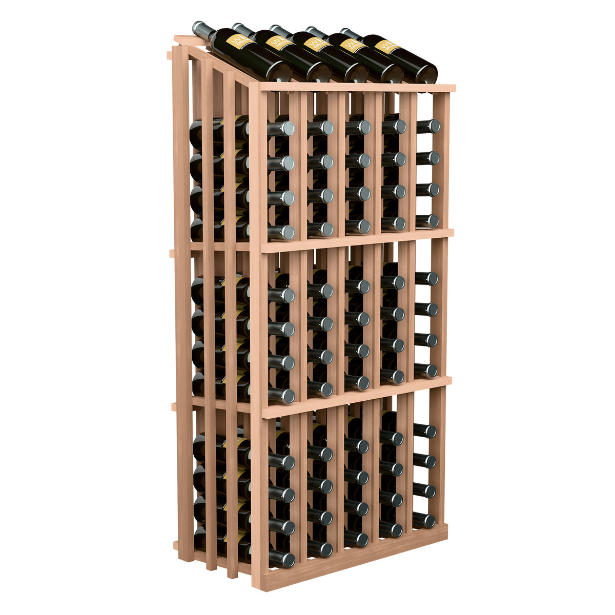 Light wood wine bottle display rack with circular bottle holders and wine bottles on top