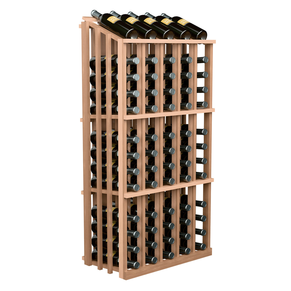 Wine bottle display rack with pale wood frame and 65 bottle slots
