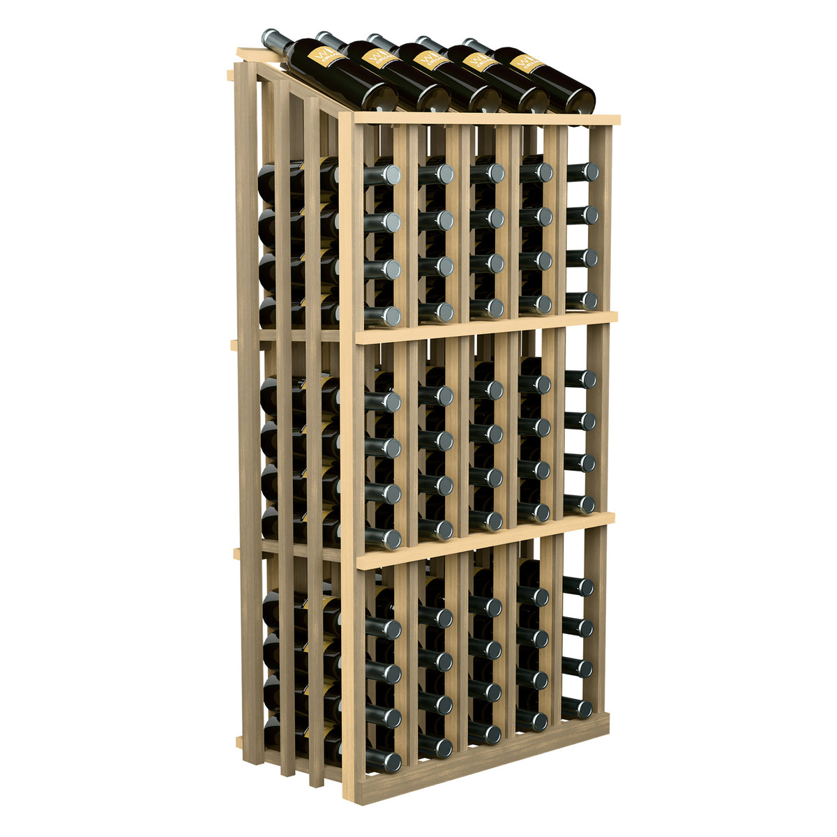 Single-sided wine bottle display rack with 65 slots, pale wood frame and bottle holders