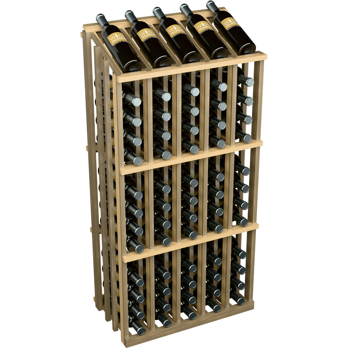 Wine bottle display rack with natural wood frame and 65 bottle slots
