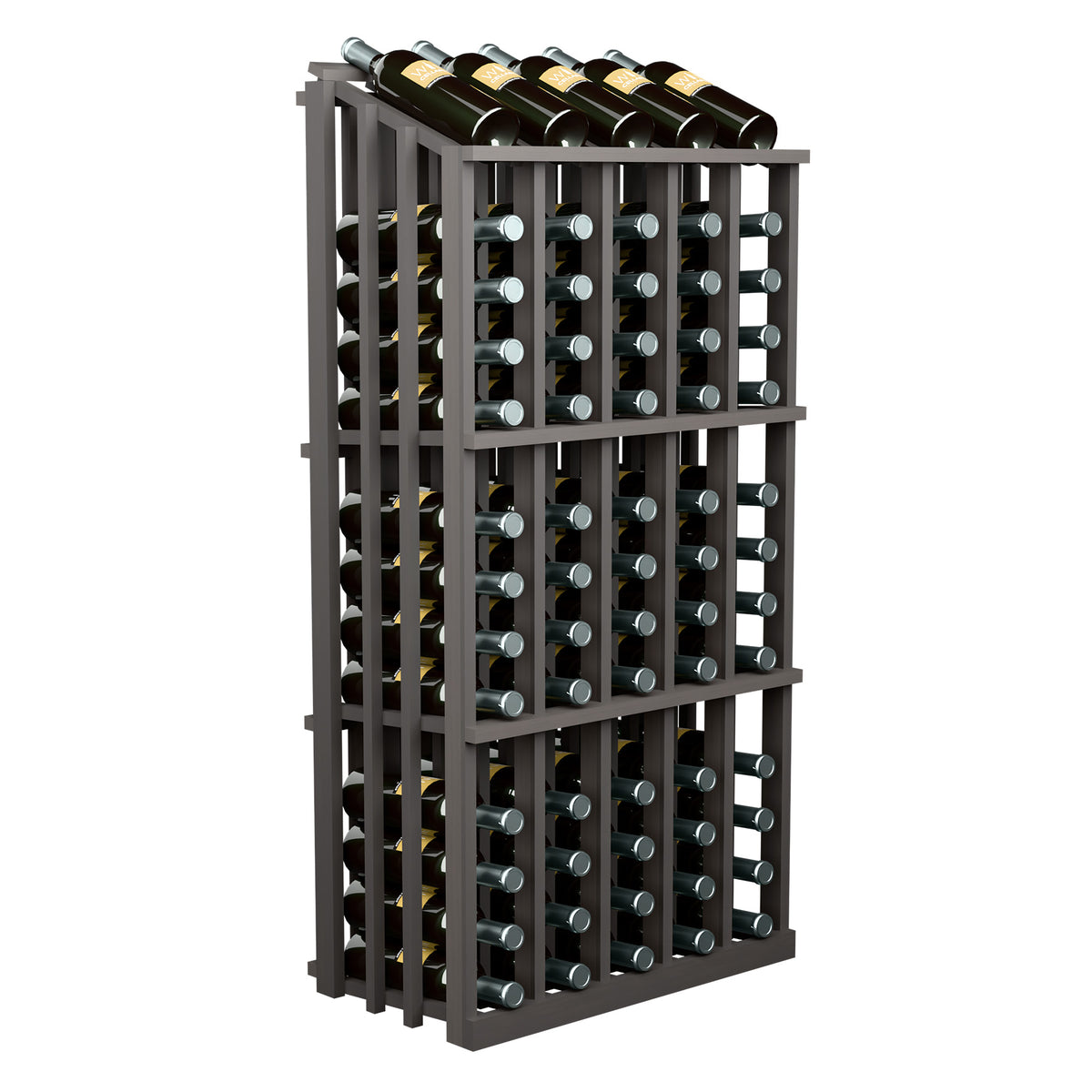 Tall dark gray wine bottle display rack with bottle necks on top