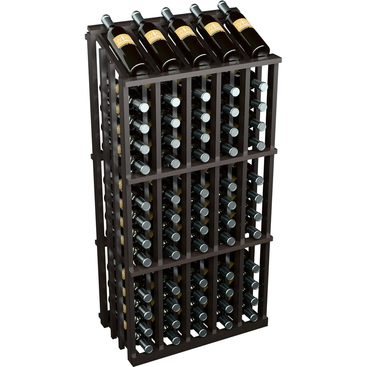 Wine bottle display rack with dark wood frame and front bottle rows