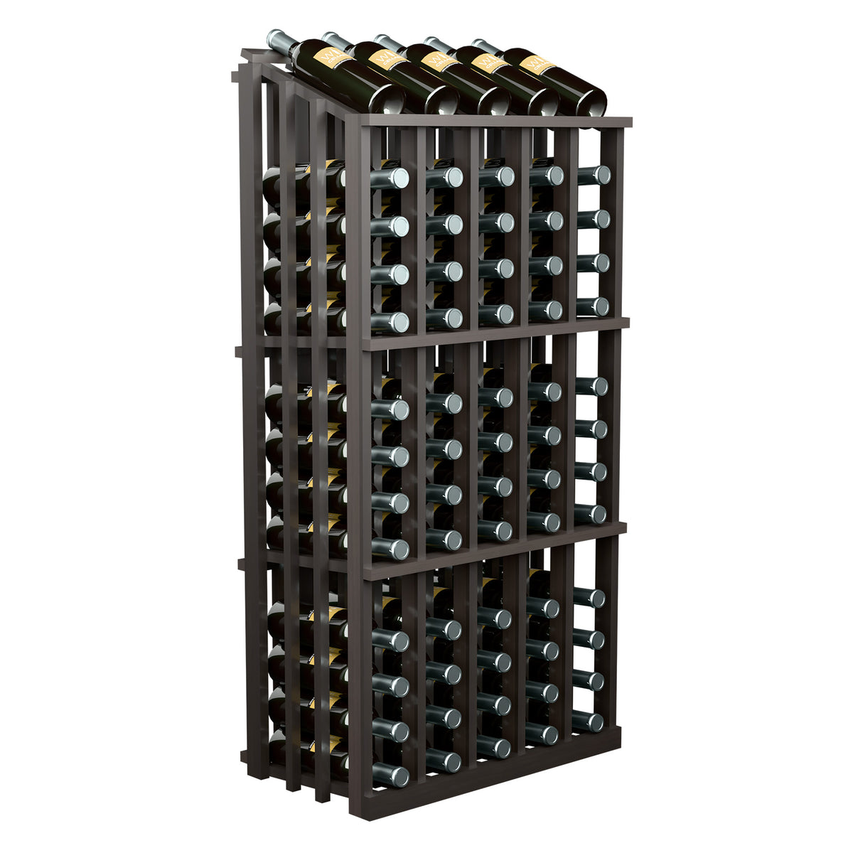 Wine bottle display rack with dark wood frame and 65 bottle slots