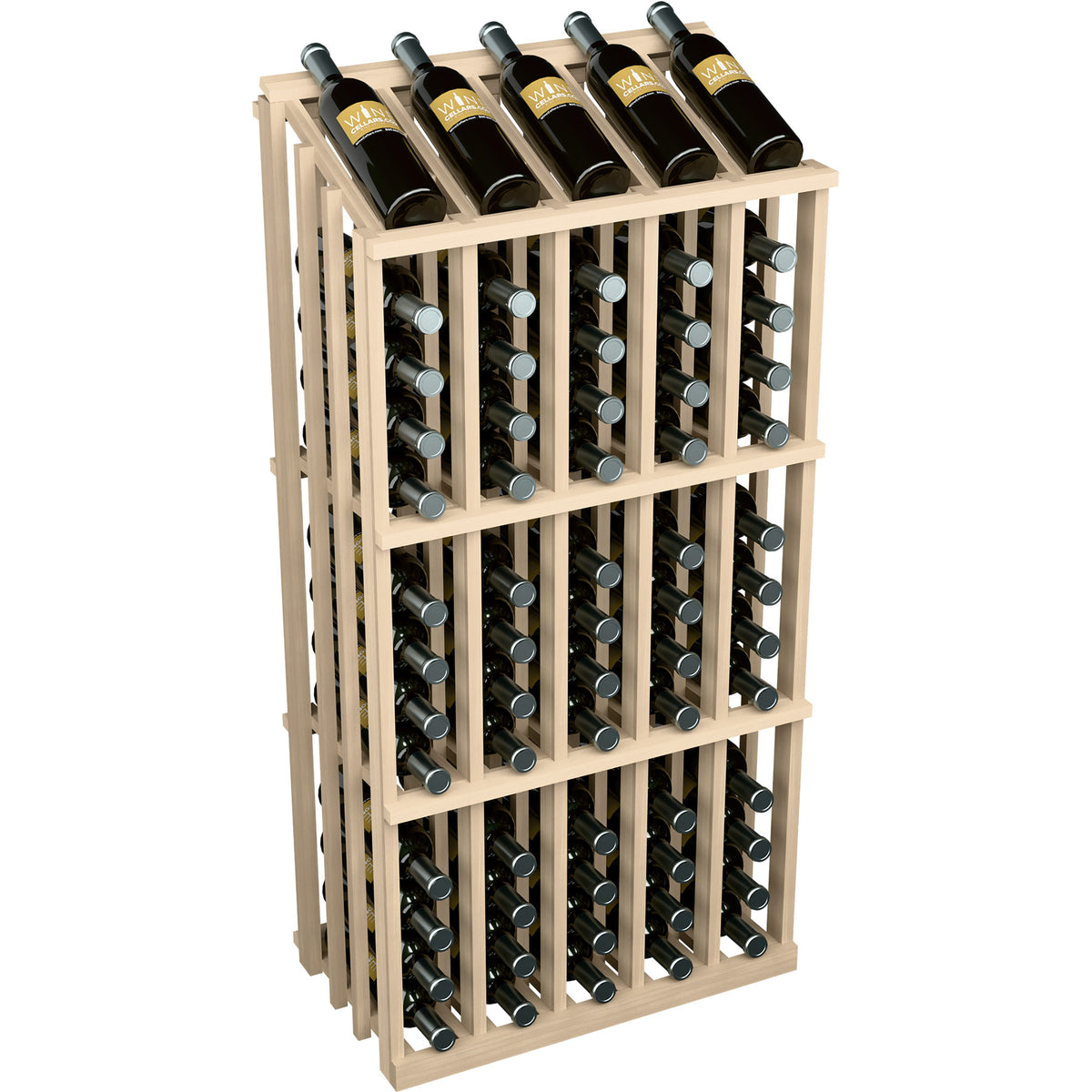 65-bottle wood wine rack with pale frame and bottle slots, front view.