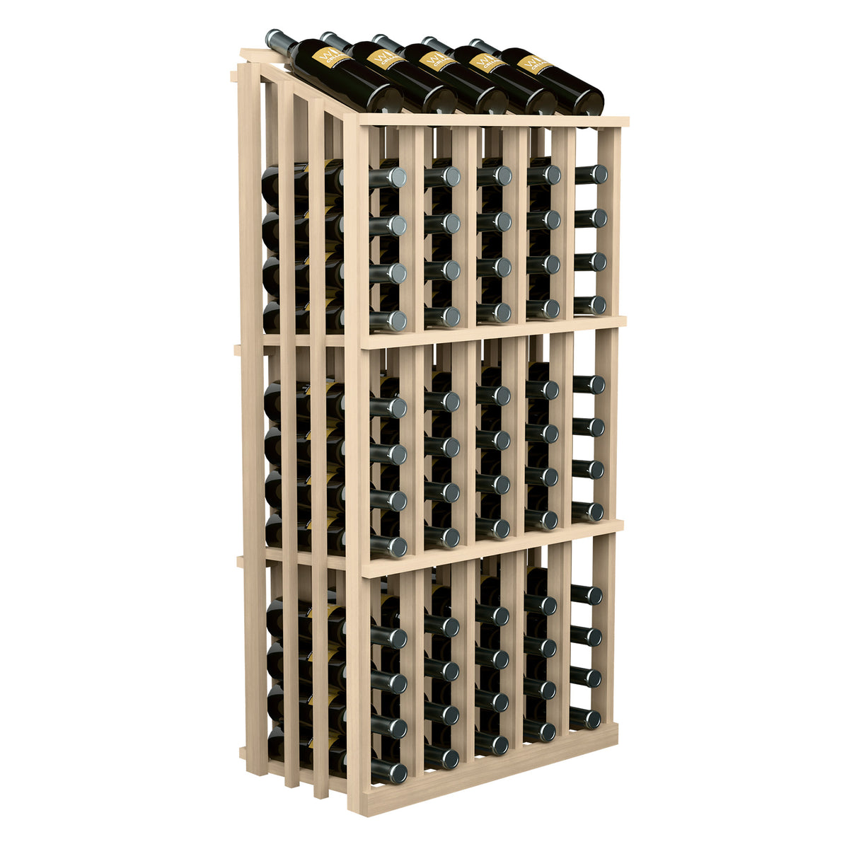 Light wood wine bottle display rack with clear bottle slots and bottle tops