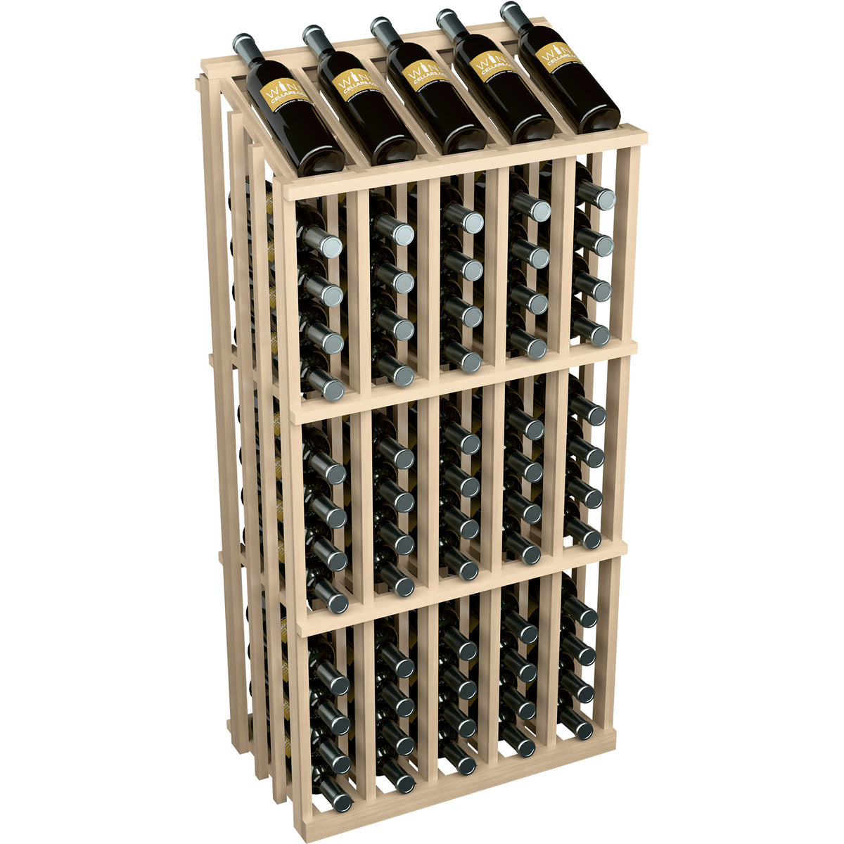 Wine bottle display rack with natural wood frame and 65 bottle slots, angled view