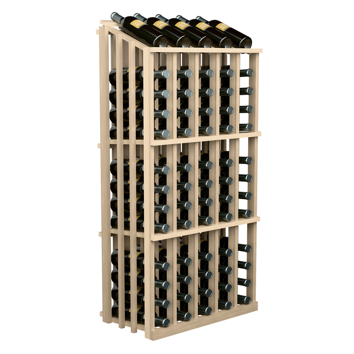 Wine bottle display rack with light wood frame and 65 bottle slots, side view
