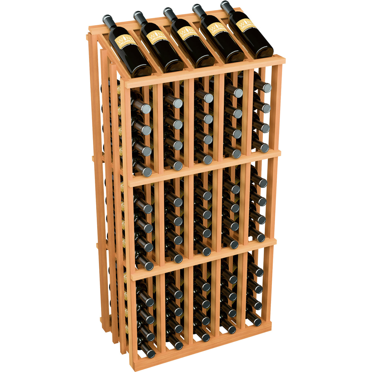 Light wood wine bottle display rack with 65 slots, bottles arranged by row