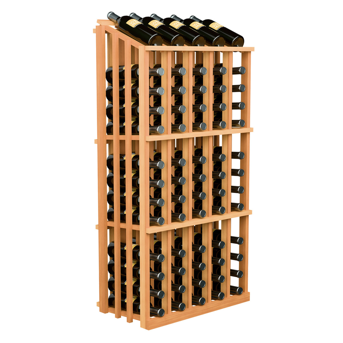 65-bottle wood wine rack with light orange frame and bottle slots, angled view.