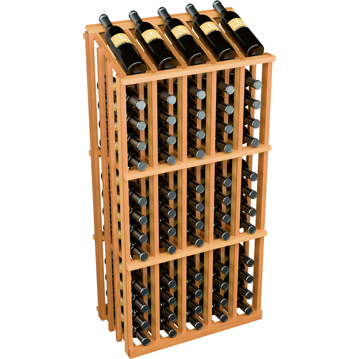 Wine bottle display rack with warm wood frame and 65 bottle slots, front corner view