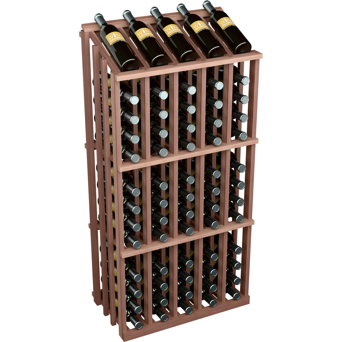 65-bottle wood wine rack with medium brown frame and bottle slots, front view.