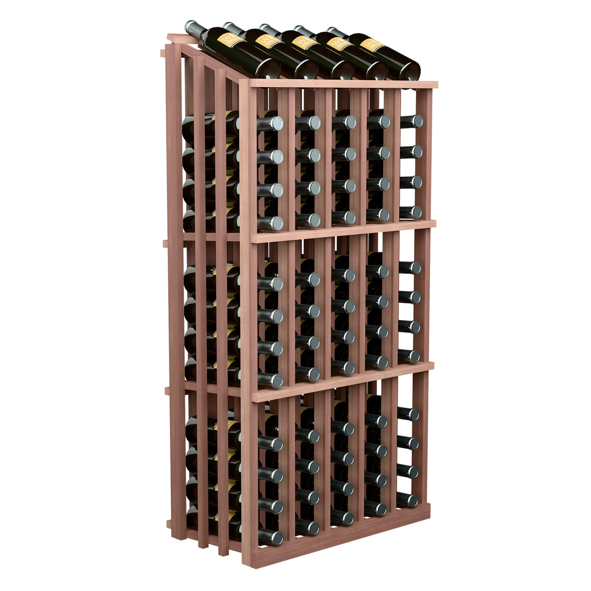 Single-sided wine bottle display rack with 65 slots, reddish wood frame and bottle holders