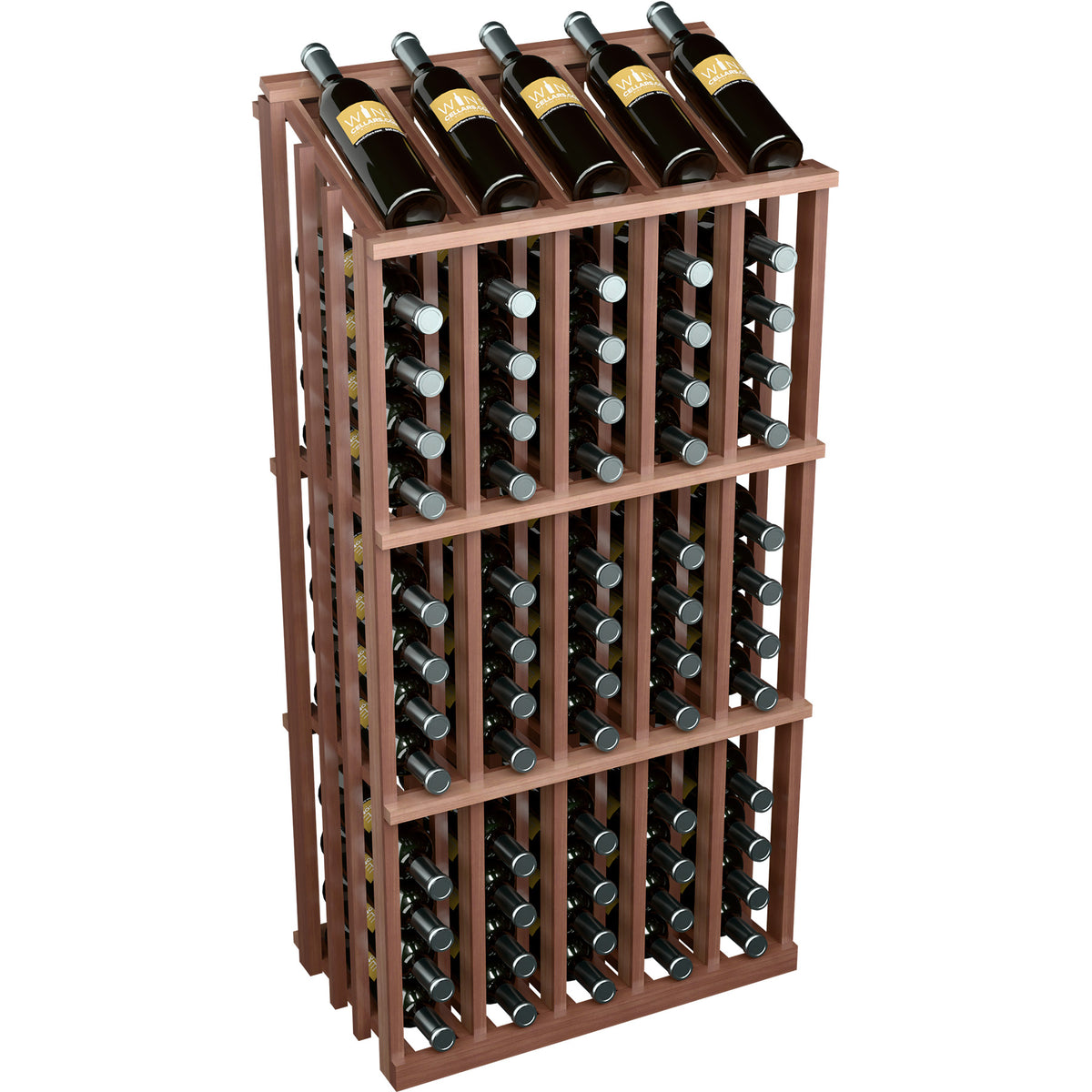 Wine bottle display rack with dark wood frame and 65 bottle slots, front corner view