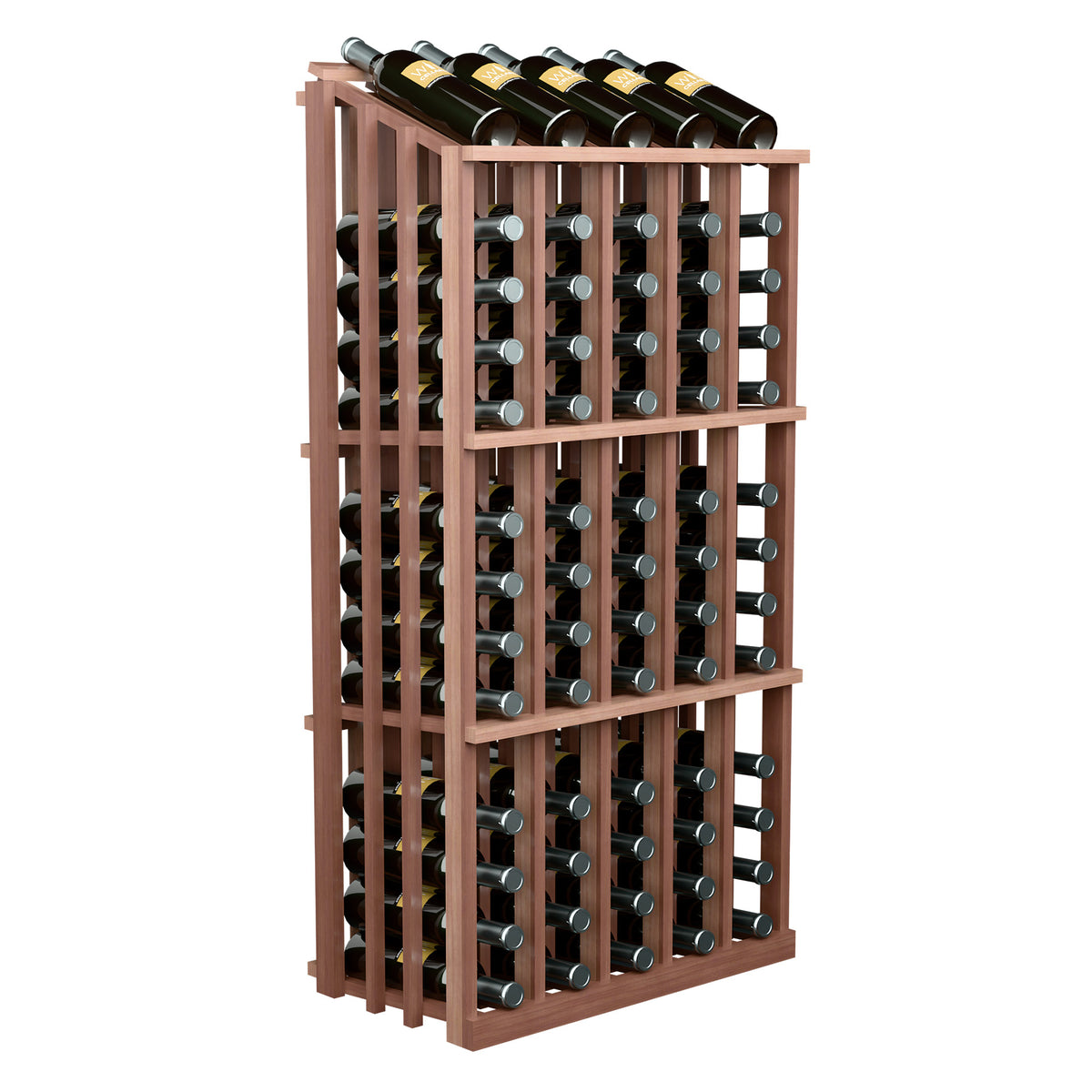 Wine bottle display rack with medium brown wood frame and 65 bottle slots, side view
