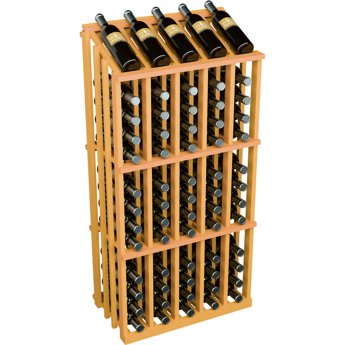 Light wood wine bottle display rack showing 65 slots across front and side