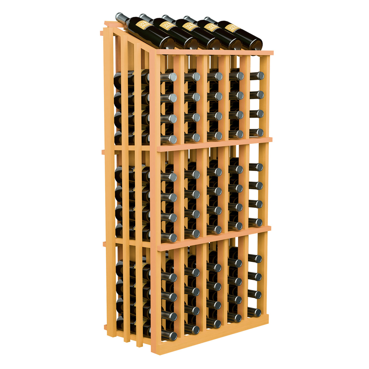 65-bottle wood wine rack with light orange frame and bottle slots, angled view.
