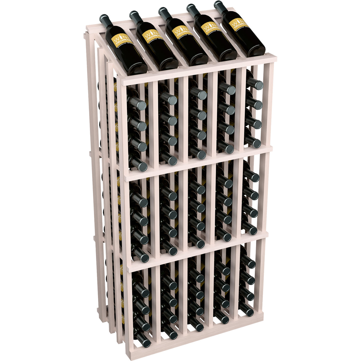 Wine bottle display rack with whitewashed wood frame and 65 bottle slots, angled view
