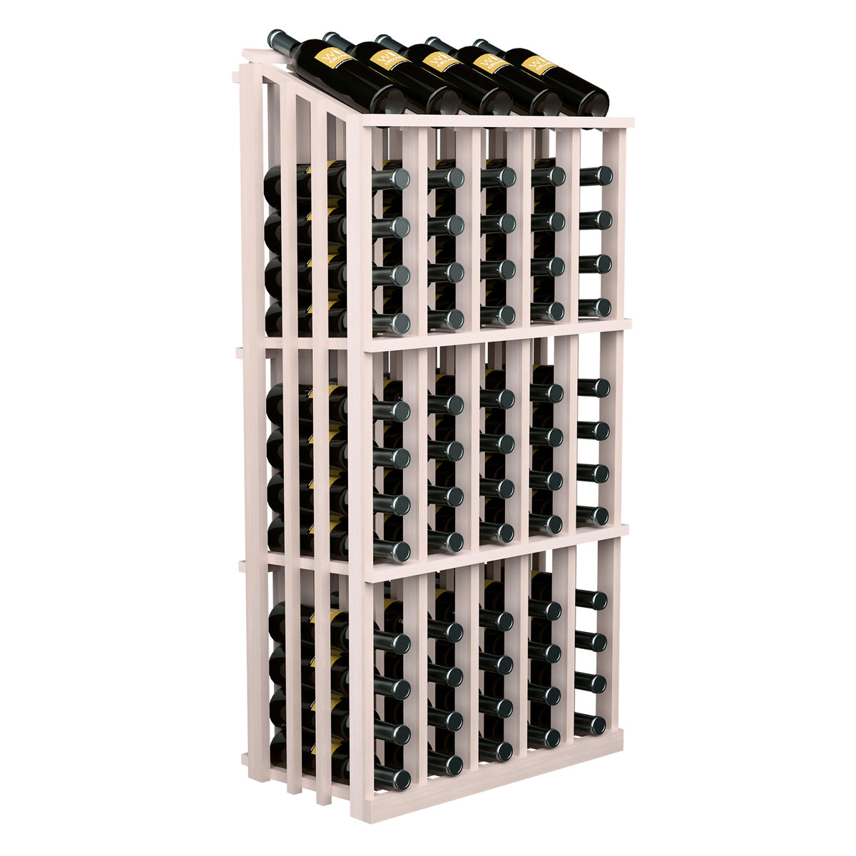 Wine bottle display rack with white wood frame and 65 bottle slots, side view