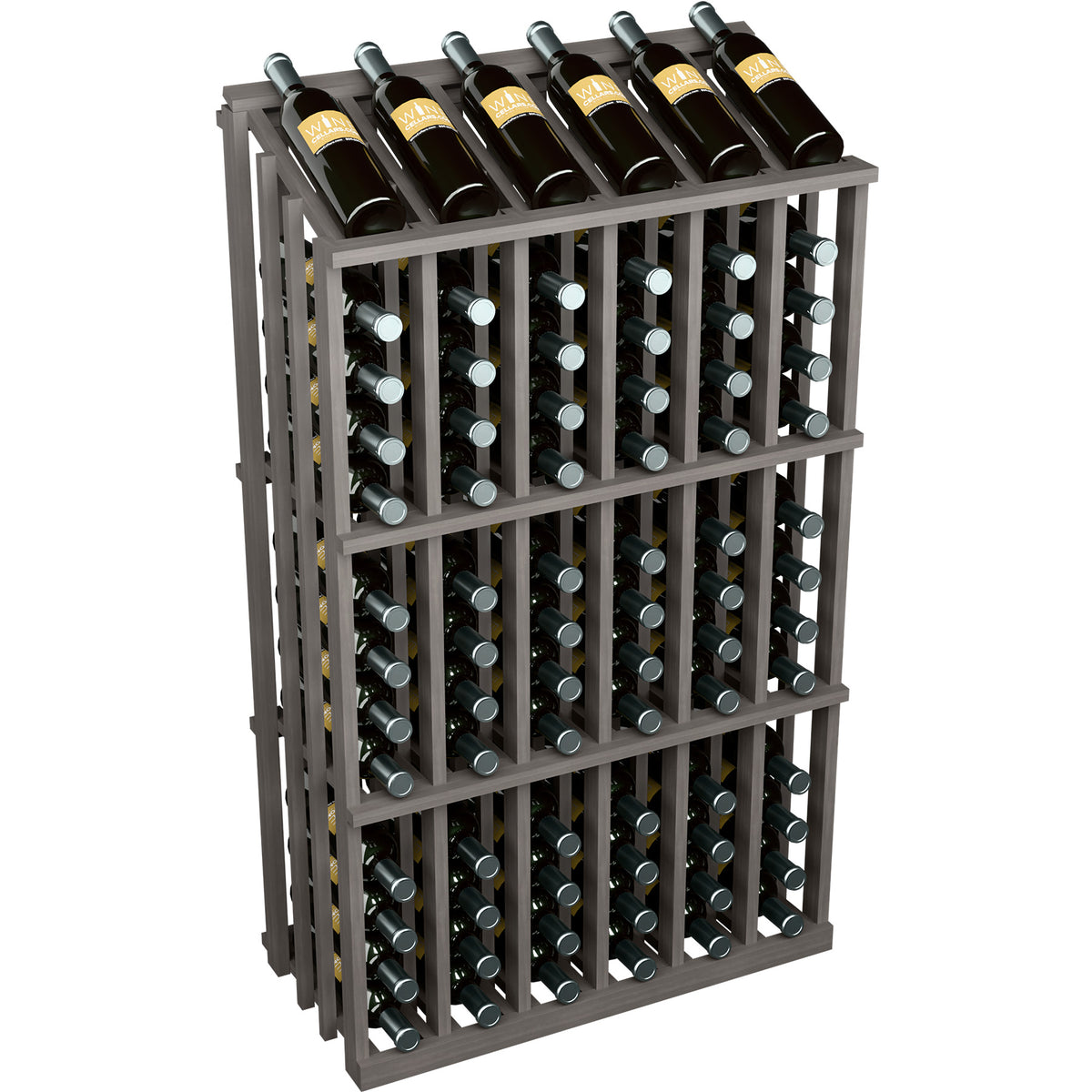 Dark brown 78-bottle wine rack, front view with rows of bottle holders and slats.