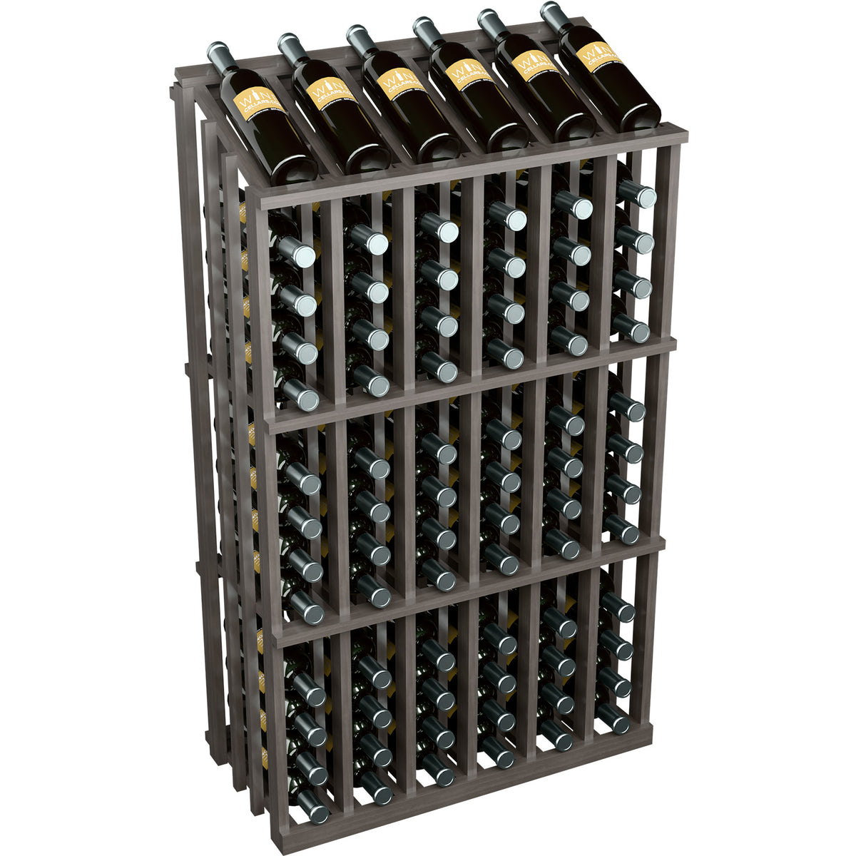 Dark wood wine bottle rack with black bottles stored in vertical slots