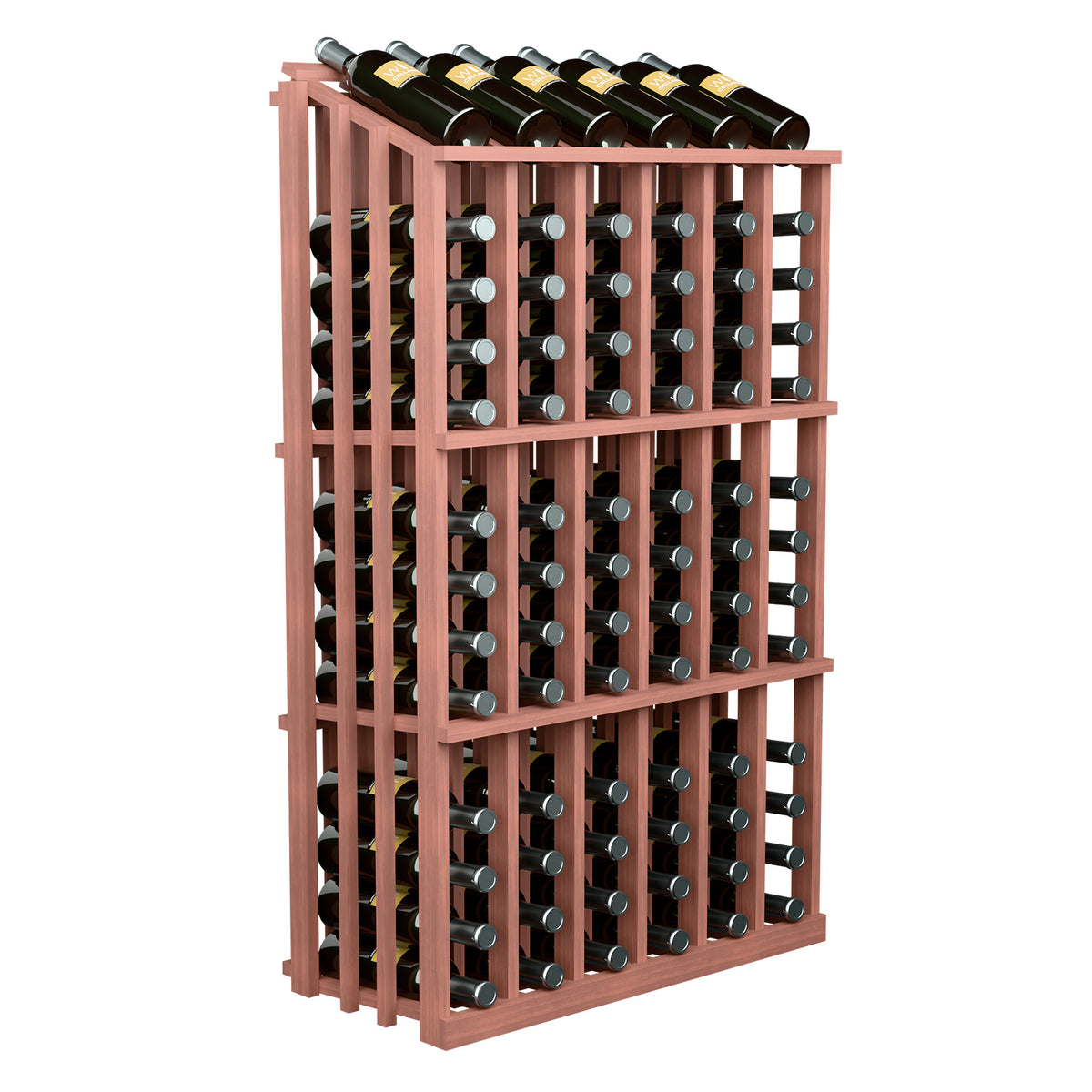 Brown wood 78-bottle wine display rack with glass bottle slots and top row
