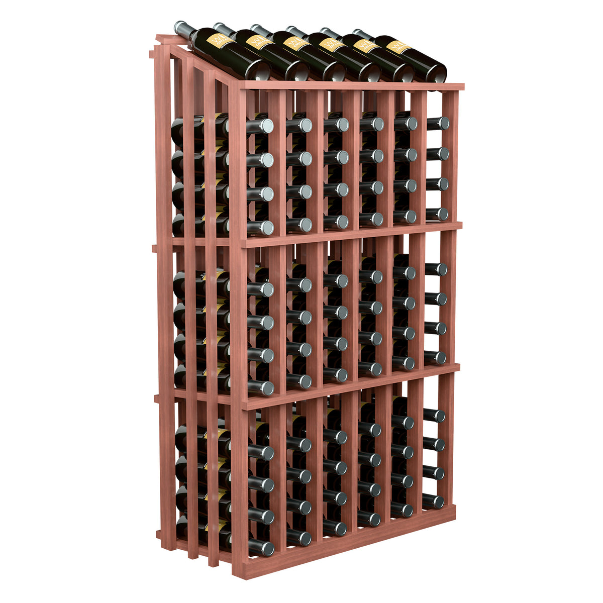 Warm rose wood wine bottle rack holding black wine bottles in side-by-side slots