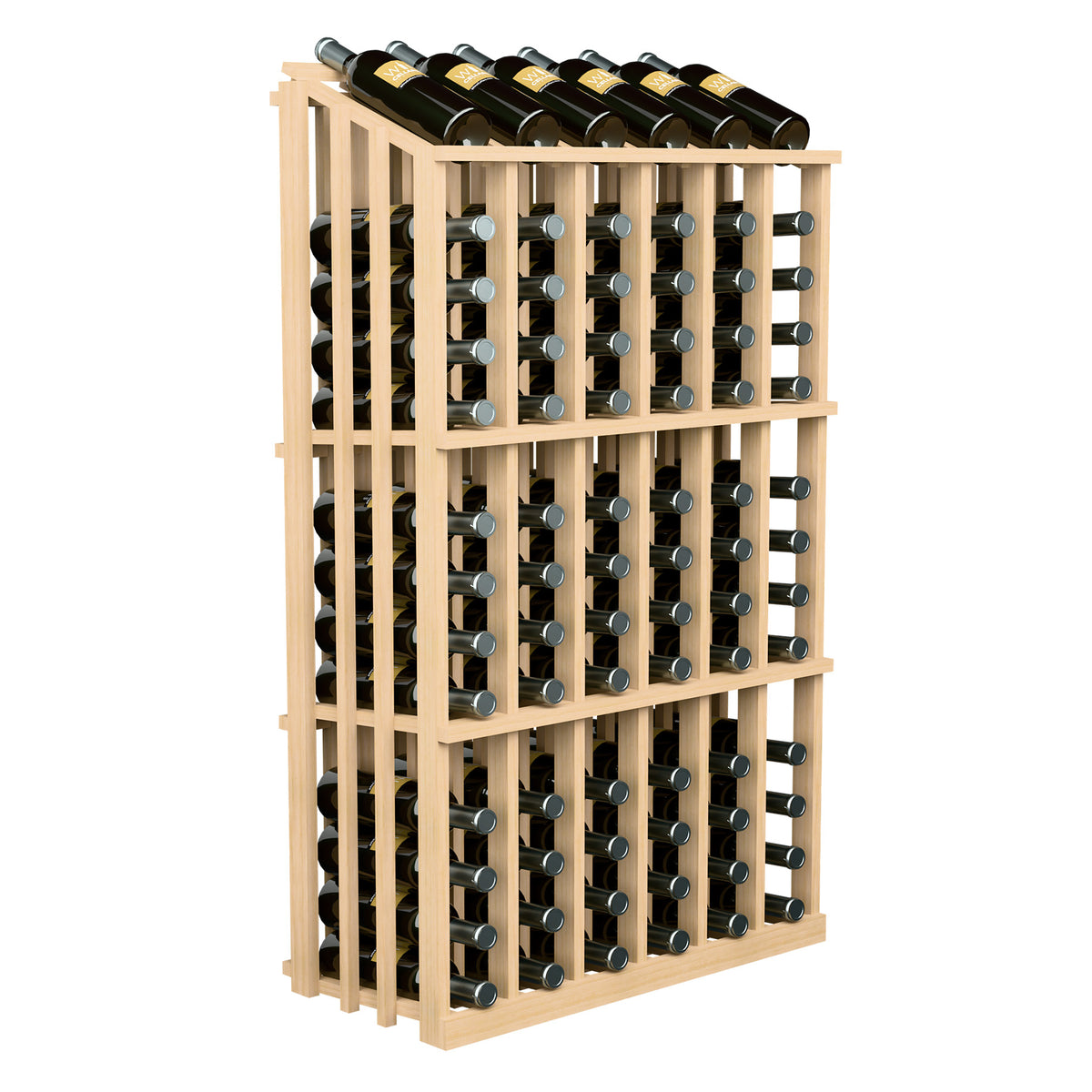 Wine bottle display rack with bottle holder grid and black bottles; light wood finish, front view
