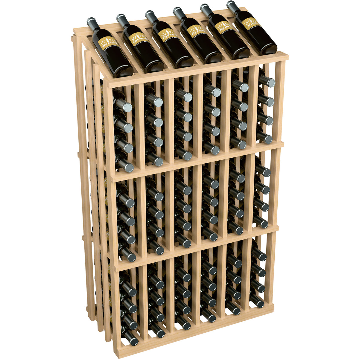 Light wood wine bottle rack holding black wine bottles in vertical storage rows