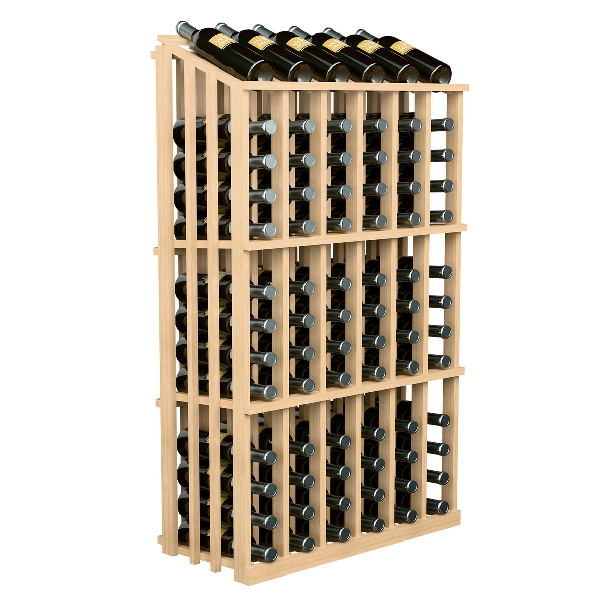 Light wood wine bottle rack with black wine bottles displayed in front slots