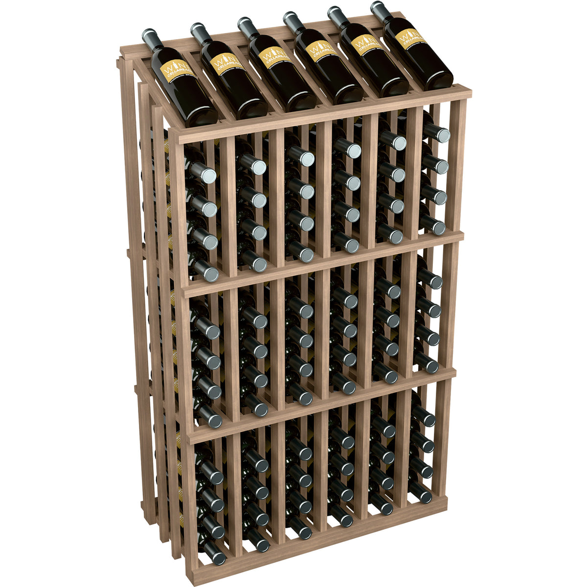 Light wood 78-bottle wine rack with front grid of round bottle slots and slatted frame.