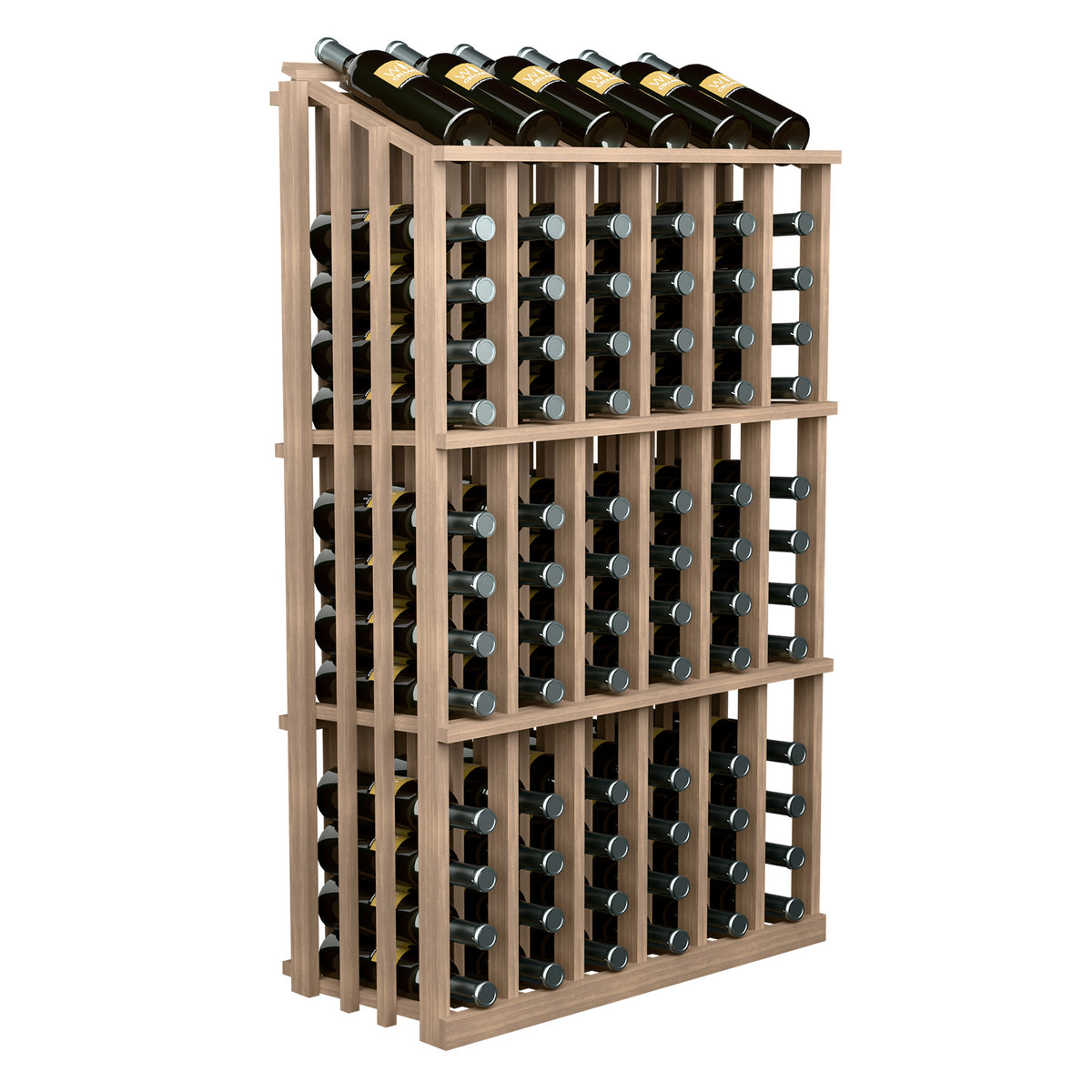 Wine bottle rack with bottle slots and metal rings, light stained wood frame