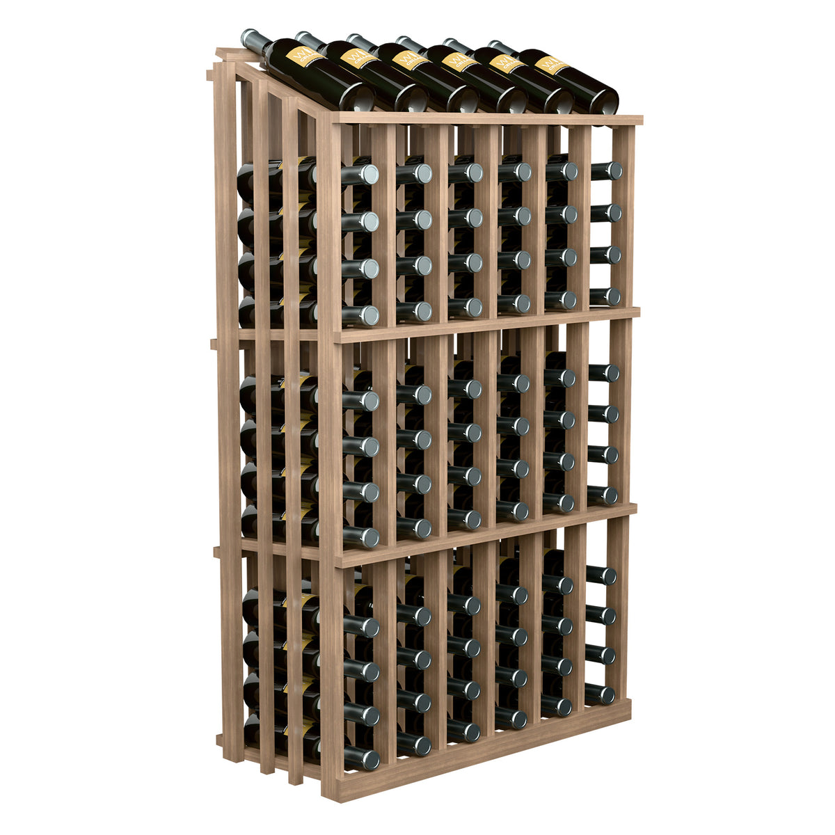 Light wood wine bottle rack holding black wine bottles in multiple vertical rows