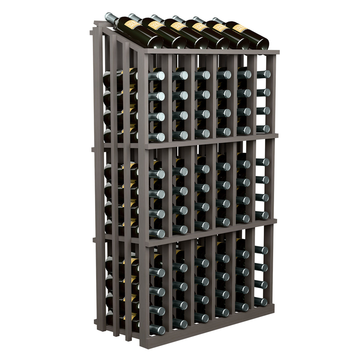 Wine bottle rack with front grid of bottle slots and metal rings, dark stained wood