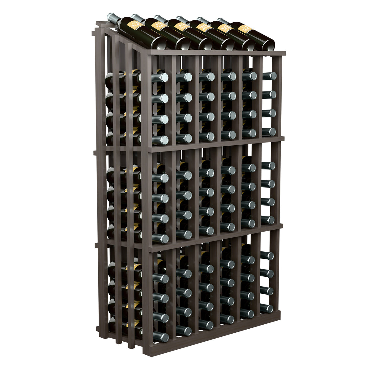 Gray wood wine bottle rack holding black wine bottles in front-facing rows