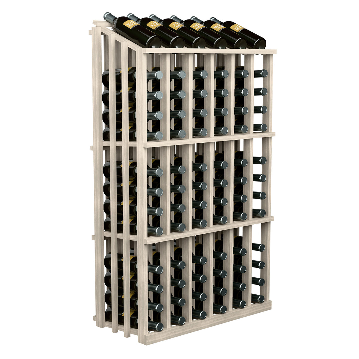 Wine bottle rack with top bottle rests and front bottle slots, light stained wood frame