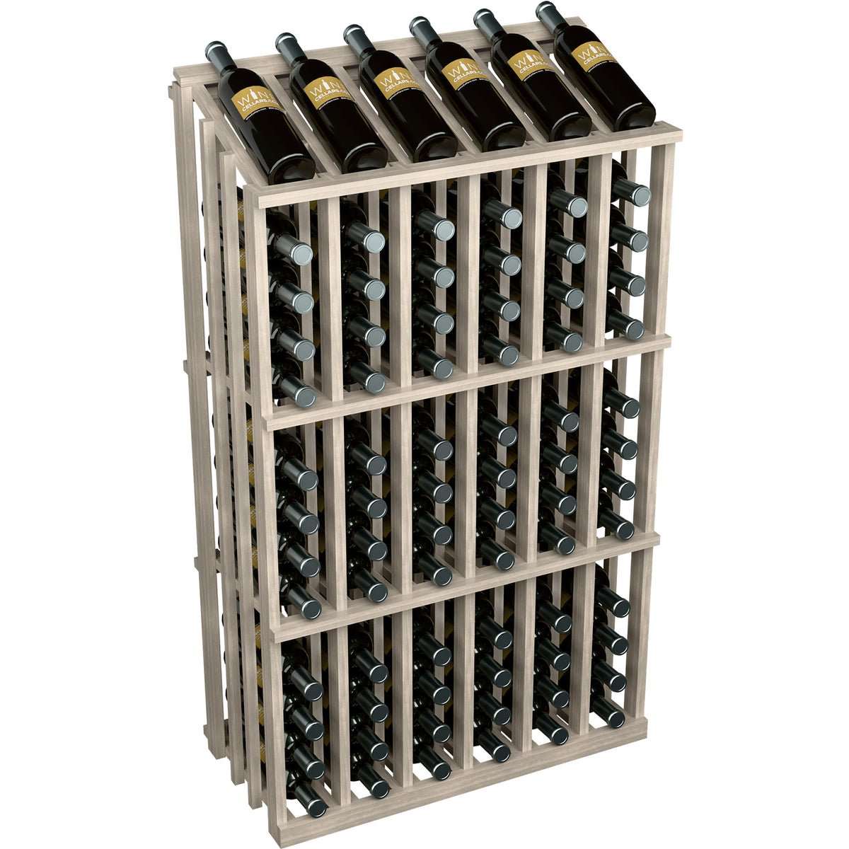 White wine bottle display rack with circular bottle holders; black wine bottles on top